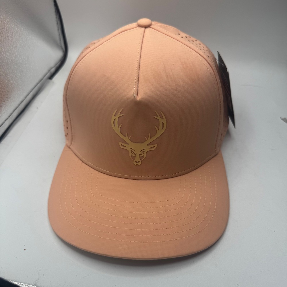 Bucked Up Hat Peach Gold Deer Logo Perforated Snapback Baseball Cap NWT